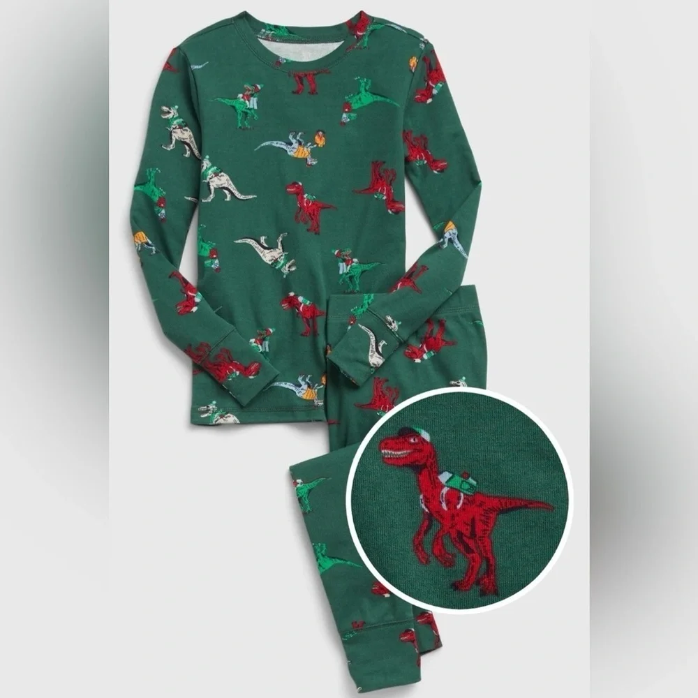 GAP Kids Organic Cotton Dinosaur Pajama Set Green Dino Print Sleepwear Size 14